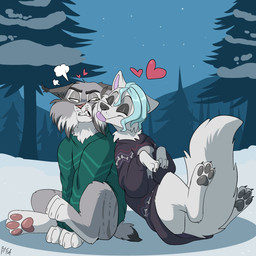 annoyed blep clothing duo eyes_closed female feral feralized fluffy fluffy_tail hair male outside pawpads sitting smile snow tail tongue tongue_out fuf disney zootopia pawbert_lynxley raaf_helder_(character) canid canine felid feline lynx mammal 1:1 hi_res
