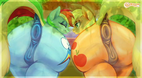 amused anatomically_correct anatomically_correct_genitalia anus big_butt bodily_fluids butt butt_focus clenched_teeth duo eyes_closed female female/female feral forest forest_background genitals heart_symbol huge_butt lesbian_pride_colors lgbt_pride nude plant pride_color_background pride_colors puffy_anus simple_background smile smiling_at_another smiling_at_each_other sweat sweaty_butt teeth tree vulva walking c33purr friendship_is_magic hasbro my_little_pony applejack_(mlp) rainbow_dash_(mlp) equid equine horse mammal pony absurd_res hi_res