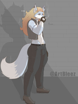 anthro belt black_bottomwear black_clothing black_pants blonde_hair blue_body blue_fur bottomwear bulge cigarette cigarette_smoke clothed clothing dipstick_tail ear_piercing ellipsis eyebrows eyelashes footwear fur gloves hair handwear holding_cigarette holding_object long_hair male markings multicolored_body multicolored_fur open_clothing open_topwear open_vest pants piercing shoes smoke smoking smoking_cigarette solo standing tail tail_markings text topwear twitter_handle two_tone_body two_tone_fur vest white_body white_fur bleez_art zarek_(bleez_art) canid canine canis mammal wolf 2026 3:4 artist_name hi_res