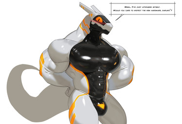 anthro big_bulge black_body blush bulge dialogue looking_at_viewer male markings muscular muscular_anthro muscular_male orange_markings orange_sclera solo speech_bubble tail text white_body cxcxxcxxxx synth_(vader-san) 2026 absurd_res english_text hi_res