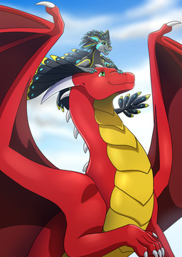 4_ears belly blue_claws blue_tongue claws cloud duo ear_tuft earhole feathers feral finger_claws green_eyes horn male membrane_(anatomy) membranous_wings multi_ear open_mouth red_body red_wings scutes sky teeth tongue tuft white_claws white_horn wings yellow_belly jarts european_mythology mythology zetralth avali dragon mythological_creature mythological_scalie scalie western_dragon absurd_res digital_media_(artwork) hi_res
