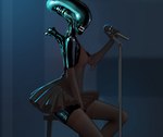 black_body breasts clothed clothing covering covering_crotch covering_self dress electronics eyeless fangs female holding_object legwear microphone singing sitting solo teeth thigh_gap thigh_highs meandraco alien_(franchise) alien humanoid xenomorph