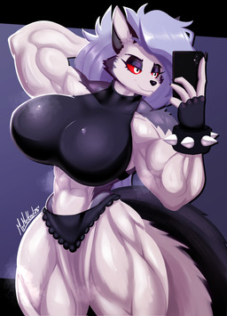 4_fingers abs anthro black_clothing black_panties black_underwear bracelet breasts butt cellphone clothing electronics female fingers fur grey_hair hair holding_object holding_phone jewelry muscular muscular_female muscular_thighs panties phone red_sclera smartphone solo spiked_bracelet spikes tail text thick_thighs underwear white_body white_fur mrmelted hellaverse helluva_boss mythology loona_(helluva_boss) canid canid_demon canine demon hellhound mammal mythological_canine mythological_creature 2025 absurd_res artist_name dated hi_res redraw