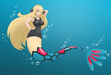 black_clothing black_topwear blonde_hair breasts bubble clothing female gradient_background hair hand_on_hip looking_at_viewer pokemon_champion simple_background solo split_form tan_body topwear underwater water joyvell nintendo pokemon cynthia_(pokemon) aquatic generation_3_pokemon humanoid merfolk milotic pokemon_(species) 2025 hi_res