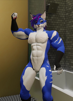 anthro bangs big_muscles black_body black_fur blue_body blue_fur body_size_growth claws ear_piercing expansion featureless_crotch fur growth hair male multicolored_body multicolored_fur muscle_growth muscular muscular_male nude piercing ponytail purple_eyes purple_hair size_transformation solo standing teeth transformation vein white_body white_fur murolynxian sound_warning muro_(character) felid feline lynx mammal 3d_(artwork) 3d_animation absurd_res animated digital_media_(artwork) hi_res short_playtime sound voice_acted