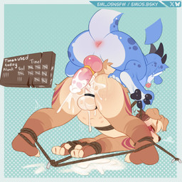 anthro bdsm belly bodily_fluids bondage bound chastity_cage chastity_device cum cum_in_ass cum_inside duo excessive_cum excessive_genital_fluids eyewear forced genital_fluids genitals glasses hands_tied hands_together knot knotted_penis legs_tied male male/male penis questionable_consent rape round_glasses sex size_difference slightly_chubby small_dom_big_sub spread_legs spreading tongue tongue_out emi_05_owo emi_05 tinel canid canine canis domestic_dog kobold mammal scalie shiba_inu spitz 1:1 hi_res