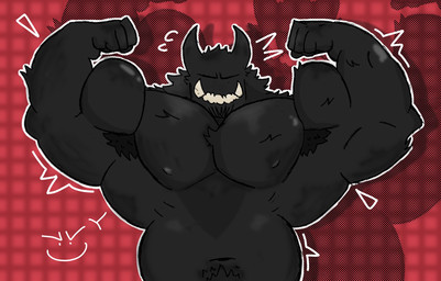 anthro armpit_hair beard belly biceps big_muscles big_pecs black_body black_fur body_hair eyeless facial_hair flexing flexing_bicep flexing_both_biceps fluffy fur hair horn male musclegut muscular not_furry pecs simple_background solo teeth crococola boko_(crococola) demon monster hi_res