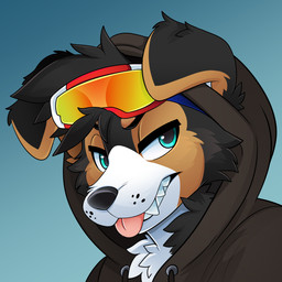 angry anthro black_body black_eyebrows black_fur black_hair black_nose blue_background blue_eyes brown_body brown_fur clothing eyebrows fangs floppy_ears fur grey_clothing grey_hoodie grey_topwear hair hood_up hoodie male multicolored_body multicolored_fur pink_tongue short_hair simple_background snout solo teeth tongue tongue_out topwear white_body white_fur feve canid canine canis domestic_dog mammal 1:1 colored digital_drawing_(artwork) digital_media_(artwork) shaded