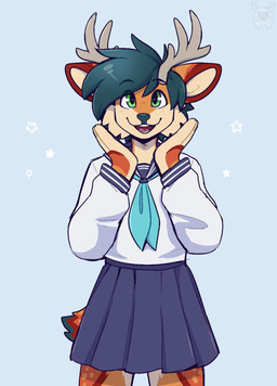 anthro bottomwear brown_markings cheek_tuft clothed clothing crossdressing facial_tuft front_view fur green_eyes green_hair green_nose hair happy horn looking_up male markings multicolored_body multicolored_fur open_mouth open_smile orange_body orange_fur school_uniform short_hair simple_background skirt smile solo tail tan_body tan_fur tuft uniform fleurfurr deer mammal cel_shading colored colored_sketch digital_drawing_(artwork) digital_media_(artwork) hi_res shaded sketch