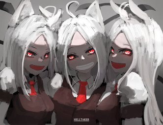 ahoge clothed clothing cute_fangs eyebrows fangs female group hair looking_at_viewer necktie pupils red_eyes slit_pupils smile teeth white_hair anderhorlo cc-by-nc-nd creative_commons helltaker cerberus_(helltaker) humanoid 2020