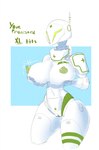 areola big_breasts breasts female genitals green_eyes holding_breast machine nipples presenting puffy_areola puffy_nipples pussy simple_background solo text thick_thighs wide_hips artlegionary tourniquet_(artlegionary) humanoid robot english_text