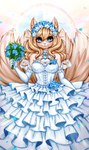 absurd_res accessory anthro blonde_hair blue_flower breasts canid canine cleavage clothed clothing dress female flower flower_in_hair fox fox_tail hair hair_accessory hi_res mammal multi_tail petals plant rose_(flower) solo tail wedding_dress white_clothing white_dress yonachka_doki
