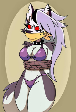 alternative_fashion angry anthro bdsm big_breasts bikini bondage bound breasts captured cloth_gag clothing collar curvy_figure female fur gag goth grey_body grey_fur grey_hair hair purple_bikini purple_clothing purple_swimwear red_eyes restraints rope rope_bondage solo spiked_collar spikes swimwear tail thick_thighs two-piece_swimsuit white_body white_fur wide_hips jaxattax hellaverse helluva_boss mythology loona_(helluva_boss) canid canid_demon canine demon hellhound mammal mythological_canine mythological_creature hi_res