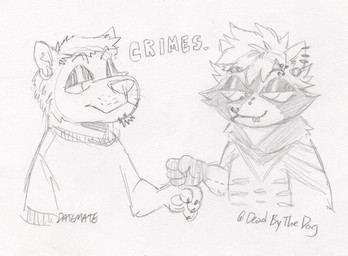 anthro bridge_piercing clothed clothing duo ear_piercing ear_ring eye_contact eyebrow_piercing facial_hair facial_piercing fist_bump gesture glistening_eyelids goatee hair half-closed_eyes lip_piercing lip_ring looking_at_another male narrowed_eyes nose_piercing piercing ring_piercing shirt short_hair snout t-shirt text topwear whiskers ed_mortis night_in_the_woods canid canine canis domestic_dog mammal procyonid raccoon 2024 english_text graphite_(artwork) greyscale monochrome sketch traditional_media_(artwork)