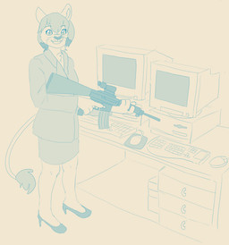 alternate_species anthro clothed clothing computer computer_keyboard computer_mouse crt_monitor desk electronics female female_anthro footwear furniture furrification glistening glistening_eyes grin gun high_heels holding_gun holding_object holding_ranged_weapon holding_weapon looking_at_viewer ranged_weapon shoes smile solo standing table weapon whiskers hardscales felid lion mammal pantherine hi_res meme monochrome