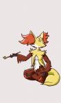 anthro breasts brown_body brown_fur female fur green_eyes kiseru red_body red_fur sitting smoking_pipe solo white_body white_fur yellow_body yellow_fur nintendo pokemon delphox generation_6_pokemon pokemon_(species) hi_res