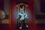 anthro barefoot breasts chair cleavage clothed clothing coat crossed_legs digitigrade dress feet female fluffy fluffy_ears fluffy_tail fur furniture globe glowing hair inside looking_at_viewer smile snout solo tail throne topwear white_body white_fur white_hair fexneel_denisse canid canine fennec_fox fox mammal true_fox 2023 digital_media_(artwork) hi_res watermark