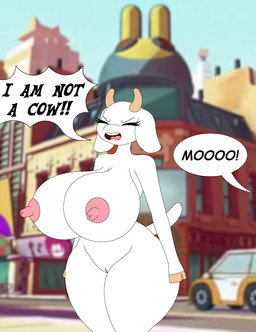 angry anthro big_breasts breasts catcall curvy_figure dialogue eyes_closed female genitals hoof_hands hooves huge_breasts hyper hyper_breasts long_nipples nipples open_mouth raised_tail solo tail thick_thighs voluptuous voluptuous_female vulva white_body wide_hips yelling foxtide888 bunny_maloney charlotte_(bm) bovid caprine goat mammal hi_res