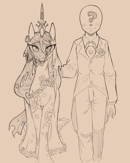accessory bottomwear clothed clothed_feral clothing dress duo female female_feral feral fingers hair hole_(anatomy) hooves interspecies long_hair male male/female necktie pants pupils quadruped slit_pupils suit topwear wedding_dress wedding_veil cold-blooded-twilight friendship_is_magic hasbro my_little_pony anon queen_chrysalis_(mlp) changeling_(mlp) human mammal 2025 4:5 hi_res