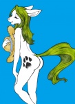 anthro biped butt canid canine canis clothing domestic_dog eyes_closed female green_hair hair hat headgear headwear hi_res mammal markings michiyoshi nude solo standing straw_hat tail