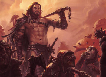 5_fingers abs admiration armor axe battle_axe beard belt biceps bottomwear bracers braided_hair brown_hair chainmail choker clothed clothing cloud coif facial_hair fingers group hair headgear helmet holding_object holding_weapon humanoid_pointy_ears jewelry loincloth looking_aside looking_at_another male melee_weapon muscular muscular_male necklace nipples not_furry open_mouth outside pauldron pecs plate_armor pointy_ears scabbard scar sheathed_weapon size_difference sword topless v-cut warrior weapon weapon_on_shoulder winona_nelson hasbro magic:_the_gathering wizards_of_the_coast goblin human humanoid mammal official_art