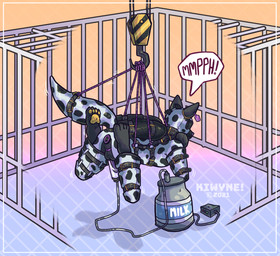 animal_print anthro arms_tied bdsm binder_(restraint) bitchsuit bondage bondage_gear bound buttplug cage chicken-wing_tied cow_print dialogue ear_piercing ear_tag frogtied fully_bound gag gagged genitals hood in_cage legbinder legs_tied machine male milking_machine muzzle_(object) muzzled penile penis penis_milking penis_milking_machine piddlefours piercing plug_(sex_toy) restraints sex_toy solo speech_bubble submissive submissive_male suspension text wings_tied kiwyne english_text hi_res