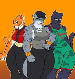 5_fingers anthro bare_shoulders bent_arm big_breasts big_eyes biped black_body black_bottomwear black_claws black_clothing black_ears black_eyebrows black_eyes black_fur black_hat black_headwear black_nose black_pants black_tail blue_markings blue_spots bottomwear breasts broad_shoulders cheek_markings cheek_tuft claws clothed clothed_anthro clothed_female clothing collarbone countershade_arms countershade_face countershade_fur countershade_hands countershade_neck countershading curved_eyebrows dark_body dark_fur dark_markings ears_down eyebrows eyelashes facial_markings facial_tuft female finger_claws fingers forehead_markings fully_clothed fully_clothed_anthro fully_clothed_female fur fur_tuft glistening glistening_eyes green_sclera grey_body grey_clothing grey_ears grey_fur grey_shirt grey_tank_top grey_topwear group hand_on_hip hand_on_own_hip hat head_markings head_turned headgear headwear humanoid_hands iris legs_together light_body light_fur looking_aside looking_at_viewer markings melanistic monotone_background monotone_body monotone_fur monotone_tail mouth_closed multicolored_body multicolored_bottomwear multicolored_clothing multicolored_fur multicolored_shirt multicolored_shorts multicolored_tank_top multicolored_topwear multicolored_vest muscular muscular_anthro muscular_arms muscular_female muscular_thighs no_pupils number orange_background orange_body orange_ears orange_eyes orange_fur orange_tail orange_wristband outline pants pattern_bottomwear pattern_clothing pattern_shirt pattern_shorts pattern_tank_top pattern_topwear pink_body pink_fur pink_inner_ear pink_markings pink_nose pink_stripes pivoted_ears pointy_ears pose prick_ears raised_eyebrow red_eyes shirt shorts simple_background smile smiling_at_viewer smirk smirking_at_viewer snout spots spotted_arms spotted_body spotted_face spotted_fur spotted_neck standing striped_arms striped_body striped_fur striped_neck stripes tail tank_top text text_on_clothing text_on_shirt text_on_tank_top text_on_topwear thick_eyelashes thick_neck thin_eyebrows topwear torn_clothing torn_tank_top torn_topwear trio tuft two_tone_clothing two_tone_topwear two_tone_vest vest waist_wrap white_body white_countershading white_fur wraps wristband yellow_outline yellow_sclera benjadibuja13 dreamworks goat_(movie) kung_fu_panda the_bad_guys jett_fillmore kitty_kat_(the_bad_guys) master_tigress felid mammal pantherine snow_leopard tiger 2026 absurd_res artist_name crossover digital_drawing_(artwork) digital_media_(artwork) english_text hi_res