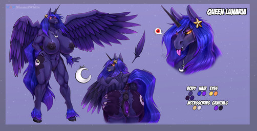 angry animal_genitalia animal_vulva anthro athletic big_breasts breasts butt equine_genitalia equine_vulva fangs female genitals hair horn huge_breasts jewelry leaning leaning_forward long_hair looking_at_viewer looking_back muscular nipples solo standing teeth tongue tongue_out vulva wings shamziwhite hasbro my_little_pony mythology fan_character queen_lunaria equid equine mammal mythological_creature mythological_equine winged_unicorn absurd_res hi_res model_sheet