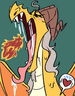 ahegao anthro blush bodily_fluids breath_powers drooling elemental_manipulation eyes_closed facial_hair fangs fire fire_breathing fire_manipulation goatee green_background grey_hair hair heart_symbol horn implied_orgasm looking_pleasured male open_mouth saliva scales simple_background solo teeth tongue tongue_out wings yellow_body yellow_scales edtertainerd animaniacs animaniacs_(2020) hulu mythology pinky_and_the_brain warner_brothers benedict_(animaniacs) dragon mythological_creature mythological_scalie scalie hi_res