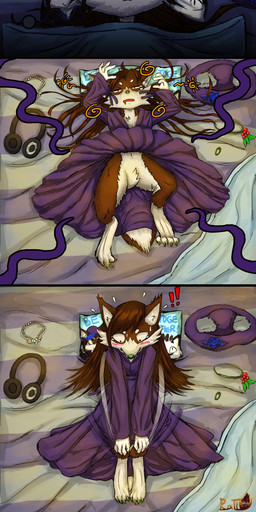 4_toes anthro bed bedding blanket blush bodily_fluids bottomwear brown_body brown_fur claws clothed clothing covering covering_crotch dipstick_tail electronics exposed_crotch eyes_closed feet flower fur furgonomics furniture green_claws green_eyes green_nose hair hat hat_off headgear headphones headwear jewelry light lights_off long_hair markings necklace night open_mouth pillow plant purple_clothing purple_hat purple_headwear raised_bottomwear raised_clothing raised_skirt rose_(flower) shocked skirt sleeping smile solo sunlight sweat sweatdrop tail tail_markings tail_through_skirt toes waking_up ratteu ratteu_(character) canid canine canis mammal wolf absurd_res digital_media_(artwork) hi_res nonbinary_(lore)