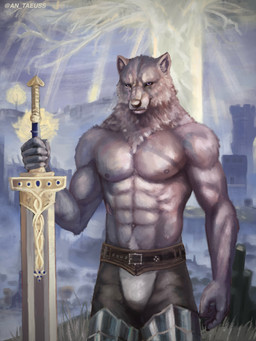 abs anthro black_sclera bulge claws clothed clothing fangs fur grass grey_body grey_fur male melee_weapon muscular muscular_anthro muscular_male navel neck_tuft nipples outside pecs plant pubes purple_eyes smile solo standing sword teeth topless tuft weapon antauess elden_ring fromsoftware blaidd_(elden_ring) canid canine canis mammal wolf 3:4 absurd_res hi_res painting_(artwork)