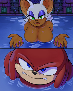 anthro big_breasts blue_eyes breasts duo eyeshadow female green_eyes huge_breasts looking_at_viewer makeup male multicolored_body nude open_mouth open_smile red_body smile smiling_at_viewer tan_body tan_skin two_tone_body water triggerpigart chainsaw_man i'll_teach_you_everything_(chainsaw_man) sega sonic_the_hedgehog_(series) knuckles_the_echidna rouge_the_bat bat echidna mammal monotreme 2025 absurd_res hi_res