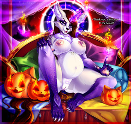 anthro bed bedroom_eyes bodily_fluids breast_milking candle carved_pumpkin chest_tuft claws cloud curtains curtains_open dialogue elemental_manipulation female fire fire_manipulation floating_candle furniture hair halo holidays jack-o'-lantern lactating looking_at_viewer magic markings moon narrowed_eyes pillow pregnant pregnant_anthro pregnant_female red_hair red_moon seductive smile smiling_at_viewer snip_(marking) solo tuft window minamikoboyasy halloween mythology selune_darkeye canid canine mammal mythological_canine mythological_creature werecanid werecanine werecreature werewolf absurd_res hi_res