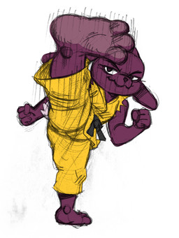 anthro bottomwear breasts clothing female fist fur half-closed_eyes karate karate_belt kick long_ears narrowed_eyes pants pose purple_body purple_ears purple_eyes purple_fur purple_nose purple_tail scut_tail short_tail simple_background small_breasts solo tail topwear torn_clothing torn_topwear white_background yellow_bottomwear yellow_clothing yellow_pants yellow_topwear charliepops azuka_100_percent bianca_(azuka_100_percent) lagomorph leporid mammal rabbit 2026 3:4 digital_media_(artwork) hi_res