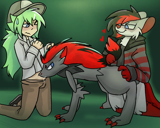 all_fours anthro anthro_on_anthro blush bodily_fluids clothed clothing ear_pull eyewear fellatio glasses group hair human_on_anthro interspecies male male/male oral penile pulling_hair saliva sex smug spitroast touching_hair trio paulthemouse nintendo pokemon n_(pokemon) generation_5_pokemon human mammal mouse murid murine pokemon_(species) rodent zoroark 5:4