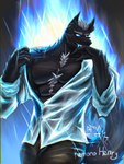 abs anthro barazoku blue_fire clothing colored_fire fangs fire hair male muscular pecs shadow solo tail teeth teeth_showing undressing kemonohenry canid canine canis demon domestic_dog humanoid mammal wolf absurd_res hi_res