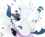 beverage black_scarf chest_tuft claws container crossed_legs cup female feral fur holding_object looking_at_viewer lying on_back open_mouth reclining red_eyes scarf solo sparkles tea tongue tuft white_body white_fur wings eryz nintendo pokemon shade_the_absol generation_6_pokemon mega_absol mega_evolution pokemon_(species) 2020 hi_res