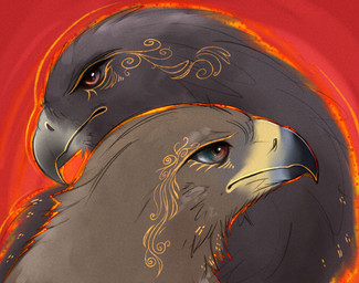 ambiguous_gender beak black_beak blue_eyes brown_body duo feral glistening glistening_eyes grey_beak grey_body markings orange_markings red_background red_eyes simple_background unsigned yellow_beak santanahoffman accipitrid accipitriform avian bird eagle digital_media_(artwork) headshot_portrait hi_res portrait