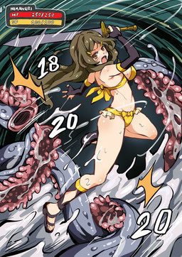 ambiguous_gender armwear big_breasts bikini bikini_bottom bikini_top black_armwear black_clothing black_elbow_gloves black_gloves black_handwear blush bodily_fluids breasts brown_hair clothed clothing cutting elbow_gloves female feral footwear gameplay_mechanics gloves group gui hair handwear health_bar holding_object holding_weapon human_focus killing light_body light_skin melee_weapon number open_mouth saliva sandals shoes side_boob sweat swimwear sword two-piece_swimsuit water weapon yellow_bikini yellow_clothing yellow_eyes yellow_swimwear arniro vividred_operation himawari_shinomiya human mammal monster worm absurd_res digital_media_(artwork) hi_res