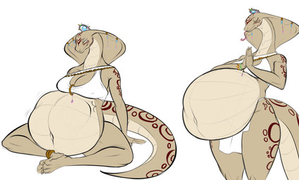 4_toes 5_fingers abdominal_bulge anklet anthro athletic athletic_female belly bottomwear bra clothing digestion_implied eyes_closed feet female fingers gem headdress jewelry loincloth markings multicolored_body navel oral_vore praying ring_(marking) sitting snake_hood solo spots struggling struggling_prey tan_body thick_thighs toes tongue tongue_out two_tone_body underbelly underwear vore joenobody just-another-vore-artist java_(fidchellvore) cobra reptile scalie snake hi_res
