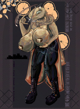 antennae_(anatomy) anthro areola aroused bedroom_eyes big_breasts bodily_fluids breasts breath bulge chain citrus_fruit clothed clothing eye_bags food fruit glistening gynomorph hand_on_breast heart_symbol holding_breast huge_breasts hyper hyper_breasts insect_wings intersex jackboots latex lemon lepidopteran_wings looking_at_viewer narrowed_eyes open_mouth panting plant saliva seductive solo star steamy_breath text topless wings crysseil citrus_tree_(crysseil) arthropod insect lepidopteran moth absurd_res hi_res