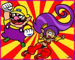 breasts brown_hair cleavage clothed clothing duo female footwear gloves hair handwear humanoid_pointy_ears long_hair male midriff not_furry open_mouth open_smile pointy_ears ponytail purple_hair smile toony captainquack64 mario_bros nintendo shantae_(series) wario_land wayforward shantae wario genie humanoid 2023 crossover hi_res signature