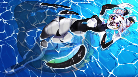 anthro big_fin big_tail black_body black_fur black_sclera bodily_fluids breasts buns clothed clothing colorful_eyes cosmic_tail dark_sclera drop ears_up eyebrows female fin fingers fluffy_ears fur genital_fluids grey_body grey_fur grey_nose hair hair_bun long_tail looking_at_viewer markings marks_on_body multicolored_body open_mouth relaxing simple_background smile smiling_at_viewer solo star star_on_body starry_tail swimsuit_only swimwear tail teeth thick_thighs tongue water wet wet_body wet_clothing wet_fur wet_hair white_body white_fur white_hair felid feline mammal 16:9 2025 colored detailed digital_drawing_(artwork) digital_media_(artwork) digital_painting_(artwork) hi_res painting_(artwork) shaded soft_shading watermark widescreen