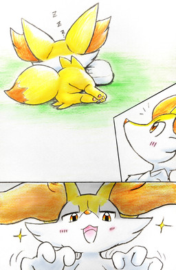 ambiguous_anthro ambiguous_feral ambiguous_gender anthro biped blep digitigrade duo emanata evolutionary_family feral front_view lying mischievous_smile narrowed_eyes on_front open_:3 open_mouth open_smile quadruped rear_view sleeping smile snout sound_effects standing tongue tongue_out vowelless vowelless_sound_effect zzz eiroru nintendo pokemon braixen canid fennekin generation_6_pokemon mammal pokemon_(species) 2026 colored_pencil_(artwork) comic graphite_(artwork) hi_res traditional_media_(artwork)