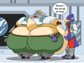 anthro beak belly belly_overhang belly_rolls belt big_belly big_butt big_cheeks big_moobs blaster blue_body blue_feathers blush boots bottomwear butt butt_cleavage clothed clothing dart dialogue double_chin duo embarrassed expansion fat_arms feathers footwear fur green_bottomwear green_clothing green_pants holster huge_belly huge_butt huge_cheeks inside jacket male moobs morbidly_obese morbidly_obese_anthro morbidly_obese_male motion_lines obese obese_anthro obese_male onomatopoeia open_mouth overweight overweight_anthro overweight_male pants planet rapid_weight_gain rear_view rumbling_stomach shoes sloshing_belly sound_effects space spacecraft speech_bubble standing syringe talking_to_another tan_body tan_fur teasing text thick_thighs tight_clothing topwear undersized_clothing vehicle weapon weight_gain weight_teasing window wobbling bitterbosc nintendo star_fox falco_lombardi fox_mccloud avian bird canid canine falcon falconid fox mammal 4:3 absurd_res english_text hi_res signature