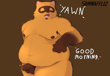 anthro balls belly erection eyes_closed foreskin fur fur_tuft genitals heart_symbol humanoid_genitalia humanoid_penis male moobs morning_wood nipples nude obese open_mouth orange_body orange_fur overweight penis solo tuft yawn samwafflez animal_crossing nintendo tom_nook_(animal_crossing) canid canine mammal raccoon_dog tanuki hi_res