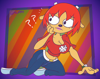 abstract_background all_fours anthro blue_bottomwear blue_clothing blue_jeans blue_pants bottomwear breasts cleavage clock clothed clothing confusion denim denim_bottomwear denim_clothing female fur hair hand_on_shin horn jeans lipstick makeup midriff navel orange_body orange_fur pants question_mark red_hair shirt solo t-shirt toony topwear watch worried gavanzude parappa_the_rapper sony_corporation sony_interactive_entertainment um_jammer_lammy lammy_lamb bovid caprine mammal sheep alternate_version_at_paywall digital_drawing_(artwork) digital_media_(artwork) hi_res signature