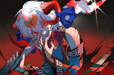2_horns accessory armwear blood blue_clothing blue_shirt blue_topwear bodily_fluids bovid_horn bridal_gauntlets caprine_horn clothing ear_piercing ear_ring evil_grin female furgonomics hair holding_fork horn horn_accessory horn_ribbon humanoid_pointy_ears piercing pointy_ears red_eyes red_horn ribbons ring_piercing sharp_teeth shirt smile solo teeth topwear white_hair ne2op touhou yuuma_toutetsu animal_humanoid bovid bovid_humanoid caprine caprine_humanoid horned_humanoid humanoid mammal mammal_humanoid hi_res