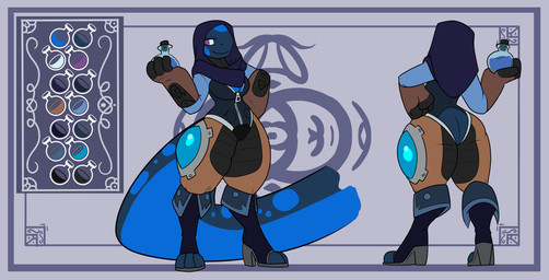 anthro big_breasts big_butt big_tail biped blue_body blue_border boots border breasts butt butt_cutout cleavage clothed clothing cutout female footwear furgonomic_footwear furgonomics headscarf high_heeled_boots high_heels holding_object holding_potion huge_hips huge_tail markings non-mammal_breasts potion purple_eyes shoes small_waist smile solo spots spotted_body tail thick_thighs wide_hips zipper_topwear rubbermage astrid_(rubbermage) amphibian salamander 2018 absurd_res hi_res model_sheet