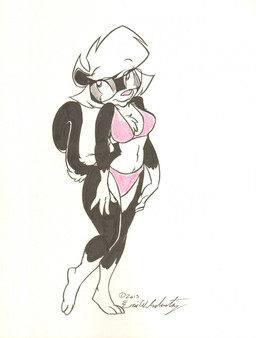 3_toes anthro barefoot bikini breasts chest_tuft clothed clothing eyebrow_through_hair eyebrows eyewear feet female fluffy fluffy_tail fur glasses gloves_(marking) hair hand_on_leg hand_on_thigh leg_markings markings multicolored_body multicolored_fur navel pink_bikini pink_clothing pink_swimwear plantigrade raised_eyebrows simple_background smile socks_(marking) solo standing swimwear tail toes translucent translucent_hair tuft two-piece_swimsuit two_tone_body two_tone_fur wearing_glasses white_background white_hair eric_schwartz sabrina_online sabrina_(sabrina_online) mammal mephitid skunk striped_skunk 2015 crayon_(artwork) hi_res marker_(artwork) mixed_media signature traditional_media_(artwork)